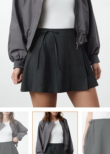 Koyu Antrasit Plise ve Kurdele Detaylı Mini Boy Dokuma Etek - Görsel 2