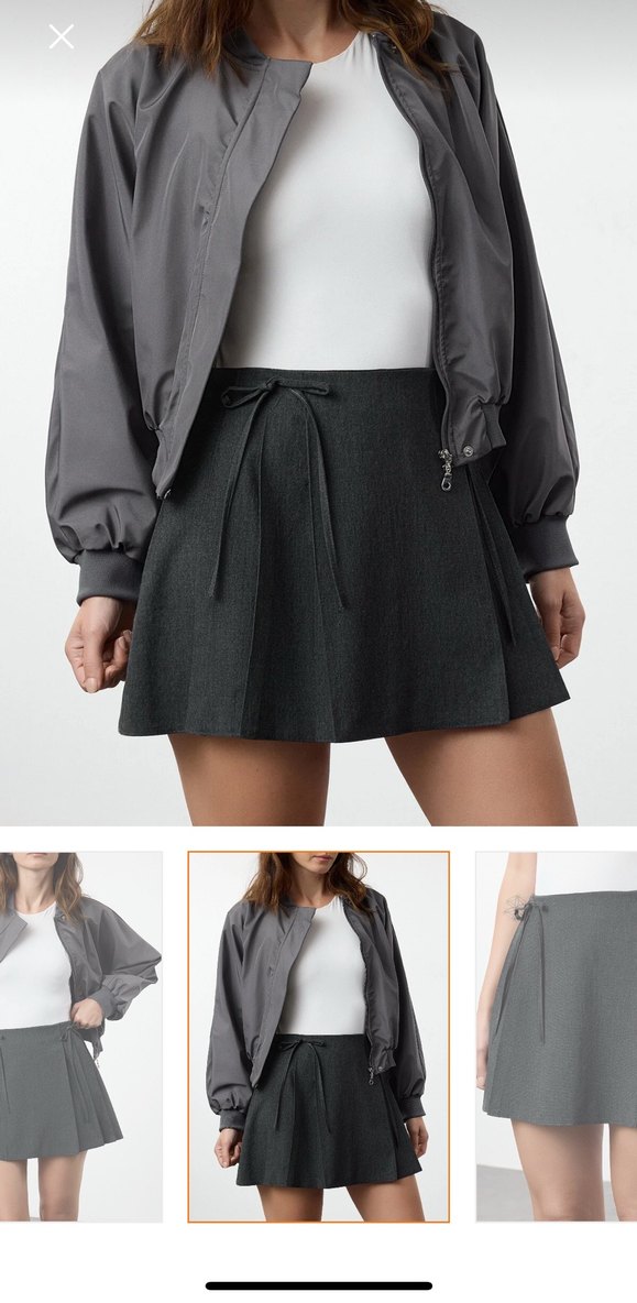 Koyu Antrasit Plise ve Kurdele Detaylı Mini Boy Dokuma Etek - Görsel 2