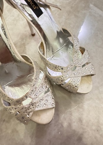 38 Beden Krem Simli Stiletto Kadın Topuklu Ayakkabı