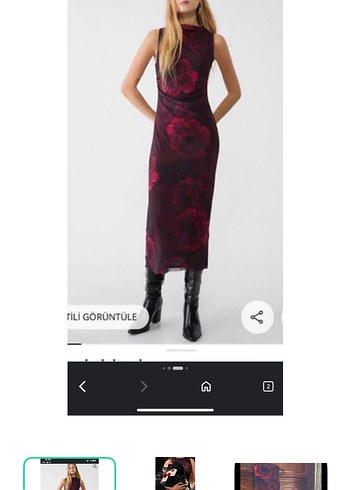 Stradivarius Bordo Cicekli Kolsuz Midi Elbise