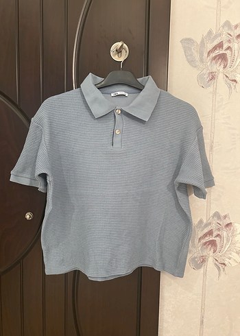 Zara Mavi Oversize Crop Polo Yaka Tişört