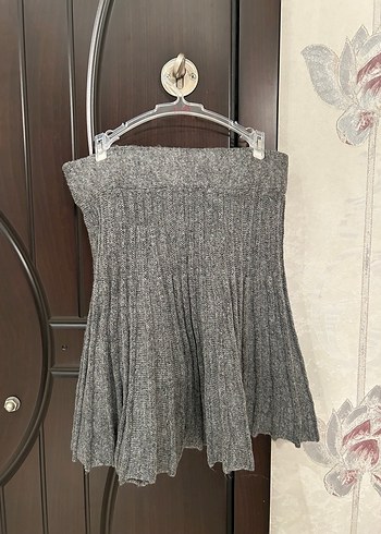 Zara Gri Pilili Triko Midi Etek