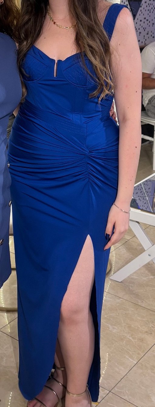 Parlak Mavi Uzun V Yakalı Drapeli Elbise - Görsel 2