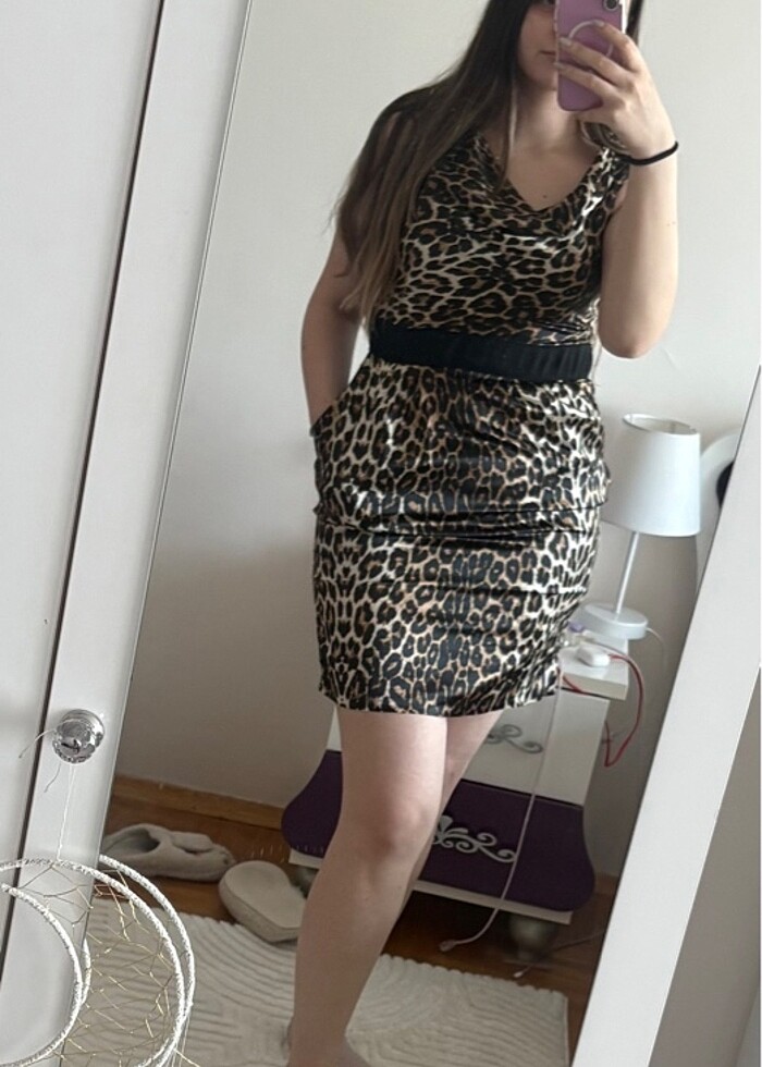 Leopar saten elbise - Görsel 2