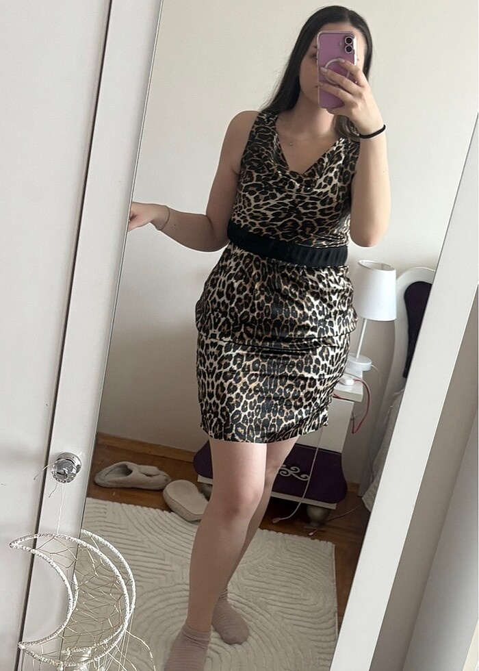 Leopar saten elbise - Görsel 3