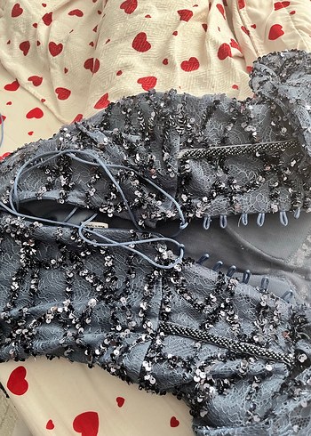 Mavi Parlak Boncuk İşlemeli Straplez Uzun Elbise - Görsel 4