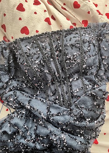 Mavi Parlak Boncuk İşlemeli Straplez Uzun Elbise - Görsel 2