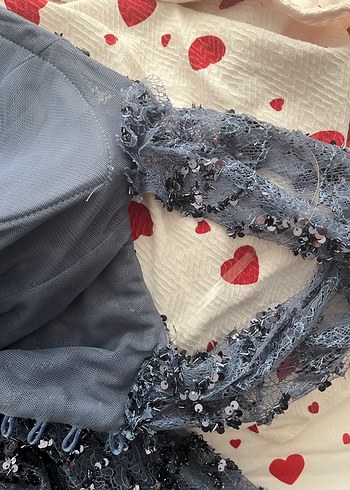 Mavi Parlak Boncuk İşlemeli Straplez Uzun Elbise - Görsel 5