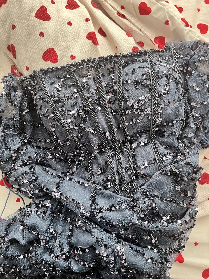 Mavi Parlak Boncuk İşlemeli Straplez Uzun Elbise - Görsel 2