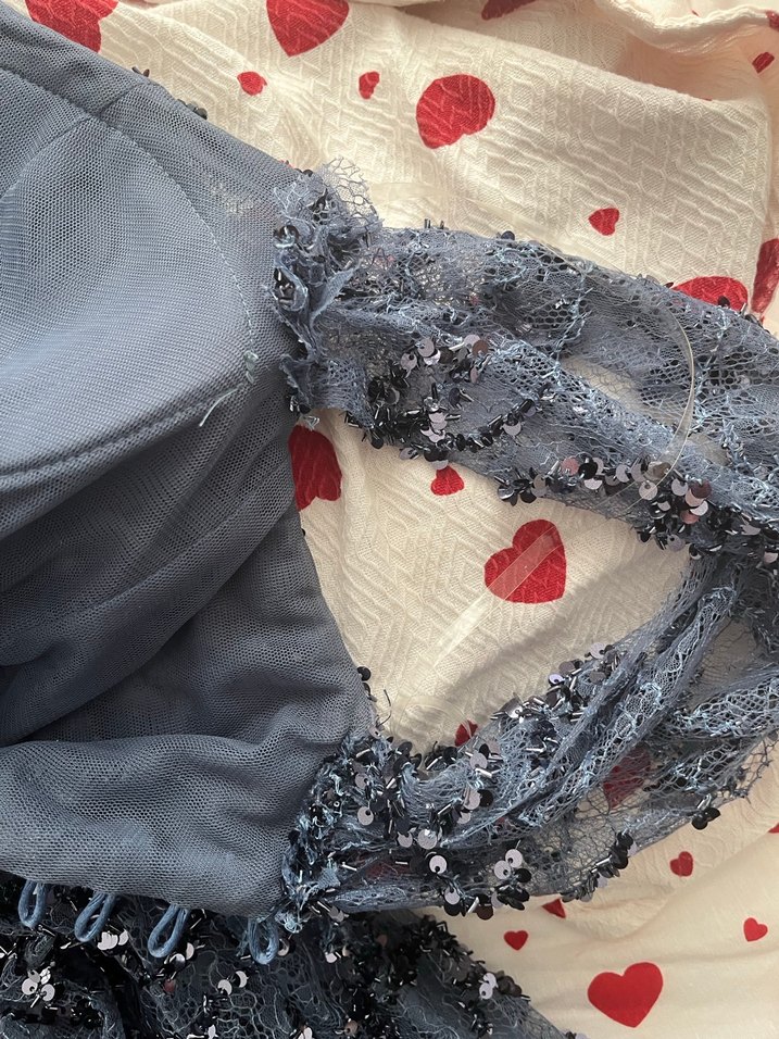 Mavi Parlak Boncuk İşlemeli Straplez Uzun Elbise - Görsel 5