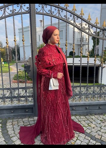 Bordo İşlemeli Uzun Abiye Elbise - Görsel 2