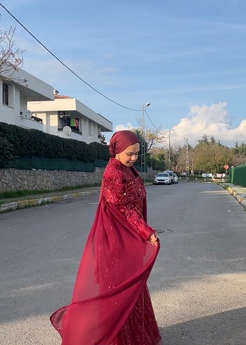 Bordo İşlemeli Uzun Abiye Elbise - Görsel 7