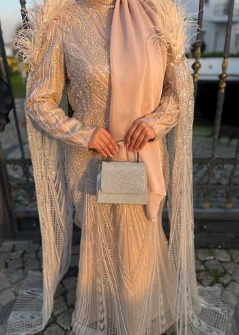 Bej taş işlemeli Abiye Elbise - Görsel 2