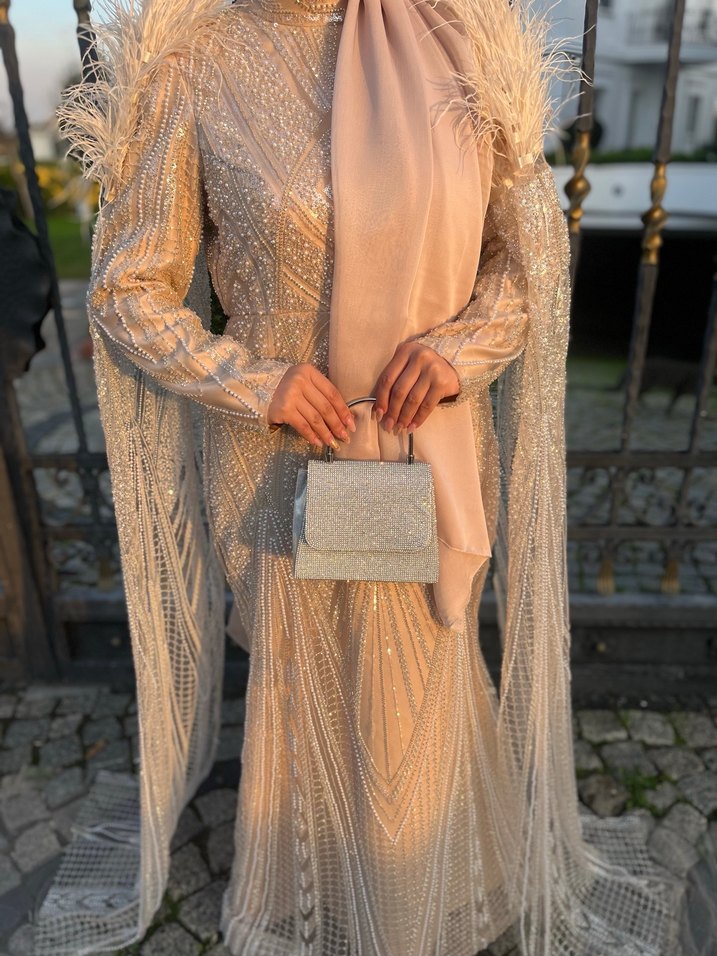 Bej taş işlemeli Abiye Elbise - Görsel 2