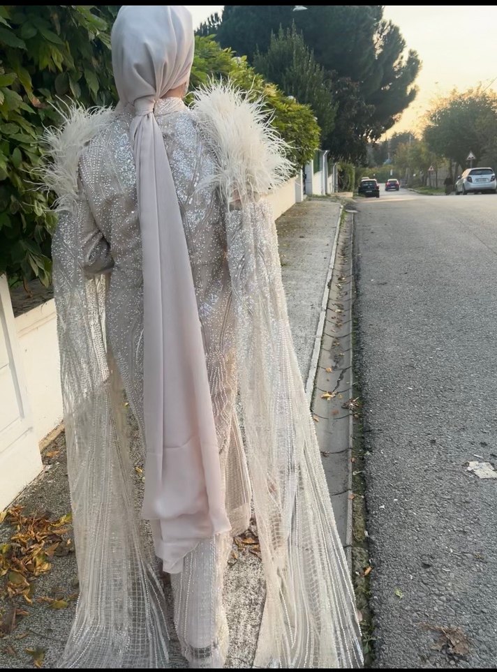 Bej taş işlemeli Abiye Elbise - Görsel 5