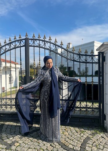 Taş işlemeli Lacivert Uzun Abiye Elbise - Görsel 6