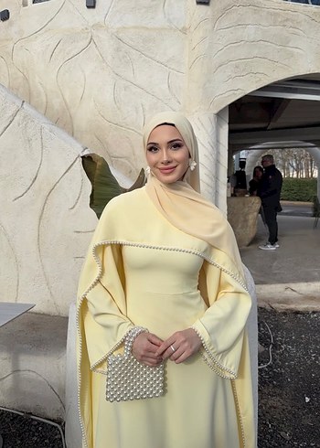 İncili Limon Sarısı Tesettür Elbise - Görsel 3