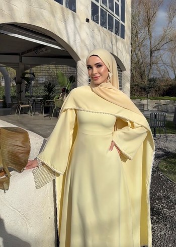 İncili Limon Sarısı Tesettür Elbise - Görsel 4