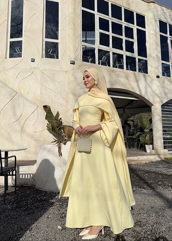 İncili Limon Sarısı Tesettür Elbise - Görsel 5