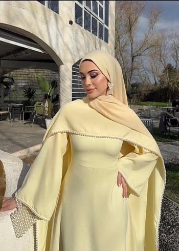 İncili Limon Sarısı Tesettür Elbise - Görsel 7