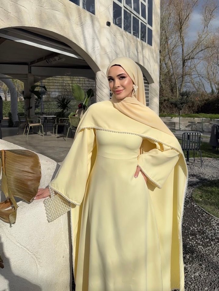 İncili Limon Sarısı Tesettür Elbise - Görsel 4
