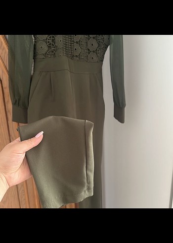 Uzun Kol Detaylı Kahverengi Dantel tulum S/M - Görsel 2