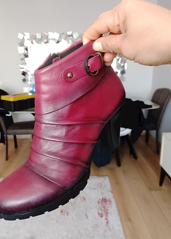 Bordo Deri Kadın Topuklu Bot - Görsel 4