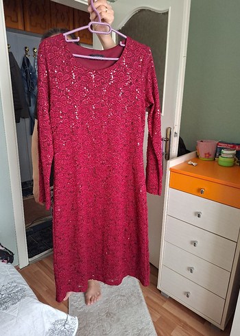 Uzun Kollu Kırmızı Parlak Bohem Elbise - Görsel 6