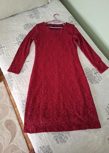 Uzun Kollu Kırmızı Parlak Bohem Elbise - Görsel 4