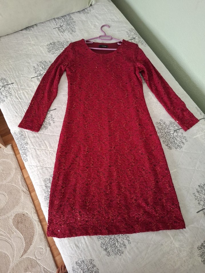 Uzun Kollu Kırmızı Parlak Bohem Elbise - Görsel 4