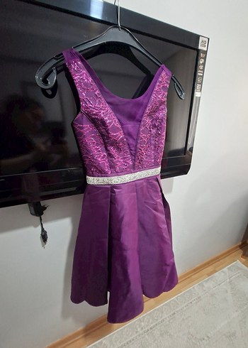 Mor İşlemeli V Yaka Midi Abiye - Görsel 5