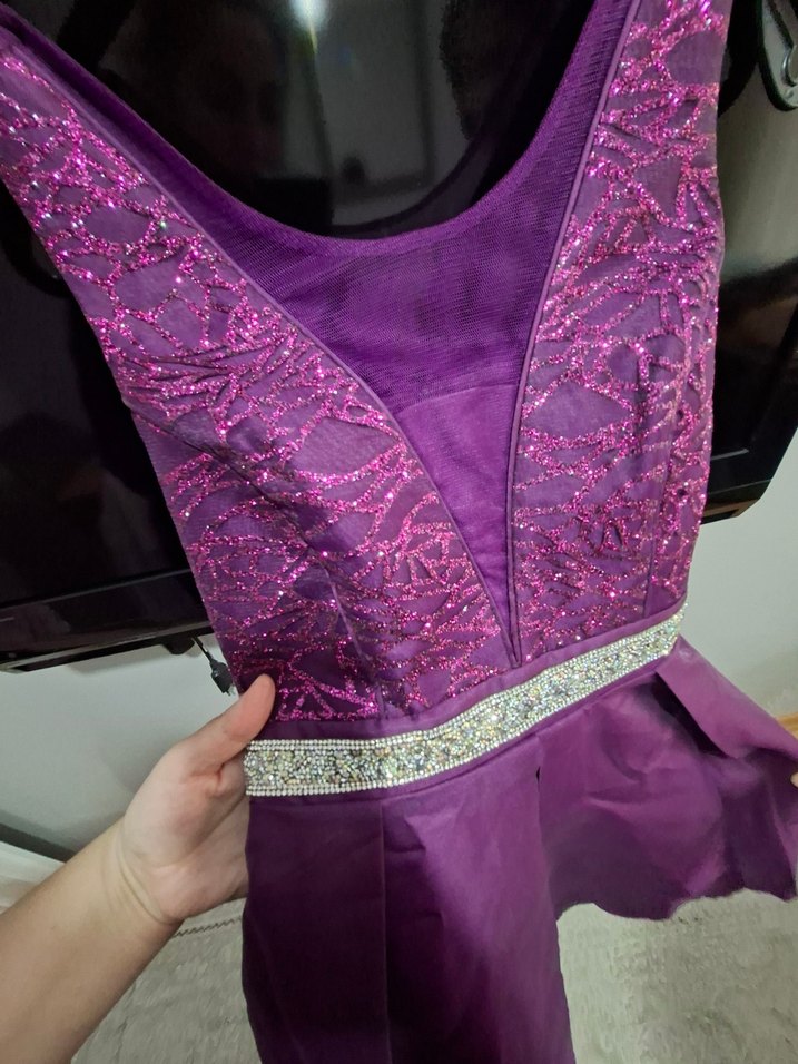 Mor İşlemeli V Yaka  Midi Abiye - Görsel 2