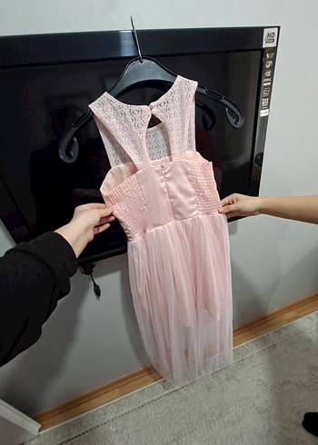 Kız Çocuk Pembe Dantel Elbise - Görsel 2