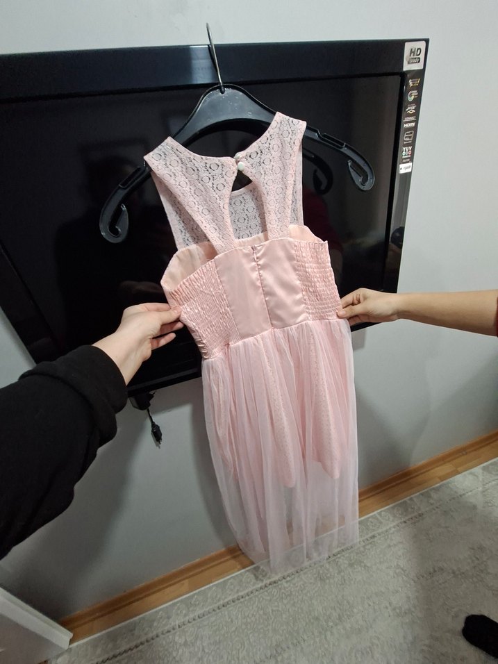 Kız Çocuk Pembe Dantel Elbise - Görsel 2