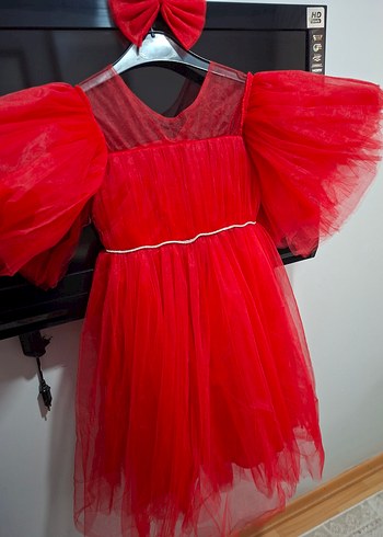 Kırmızı Tül Çocuk Abiye Elbise ve Fiyonk toka - Görsel 2