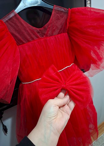 Kırmızı Tül Çocuk Abiye Elbise ve Fiyonk toka - Görsel 3