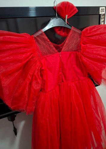 Kırmızı Tül Çocuk Abiye Elbise ve Fiyonk toka - Görsel 4