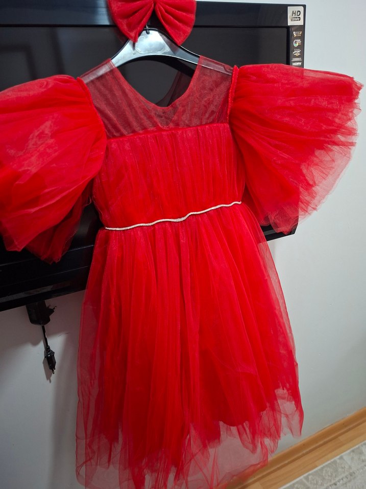 Kırmızı Tül Çocuk Abiye Elbise ve Fiyonk toka - Görsel 2