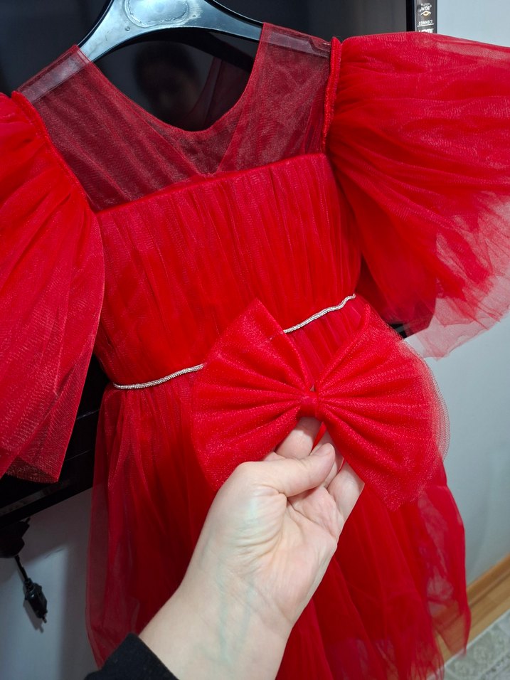 Kırmızı Tül Çocuk Abiye Elbise ve Fiyonk toka - Görsel 3