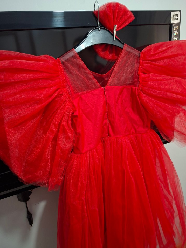 Kırmızı Tül Çocuk Abiye Elbise ve Fiyonk toka - Görsel 4