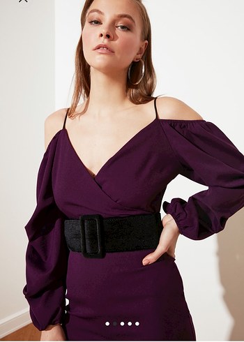 Trendyolmilla elbise Mor Mini V Yaka Kemerli Kadın Elbise - Görsel 2
