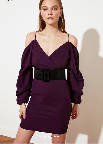Trendyolmilla elbise Mor Mini V Yaka Kemerli Kadın Elbise - Görsel 3