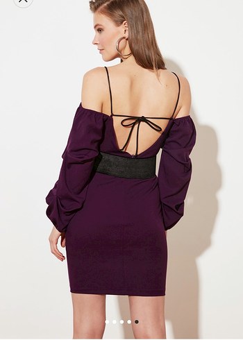 Trendyolmilla elbise Mor Mini V Yaka Kemerli Kadın Elbise - Görsel 5