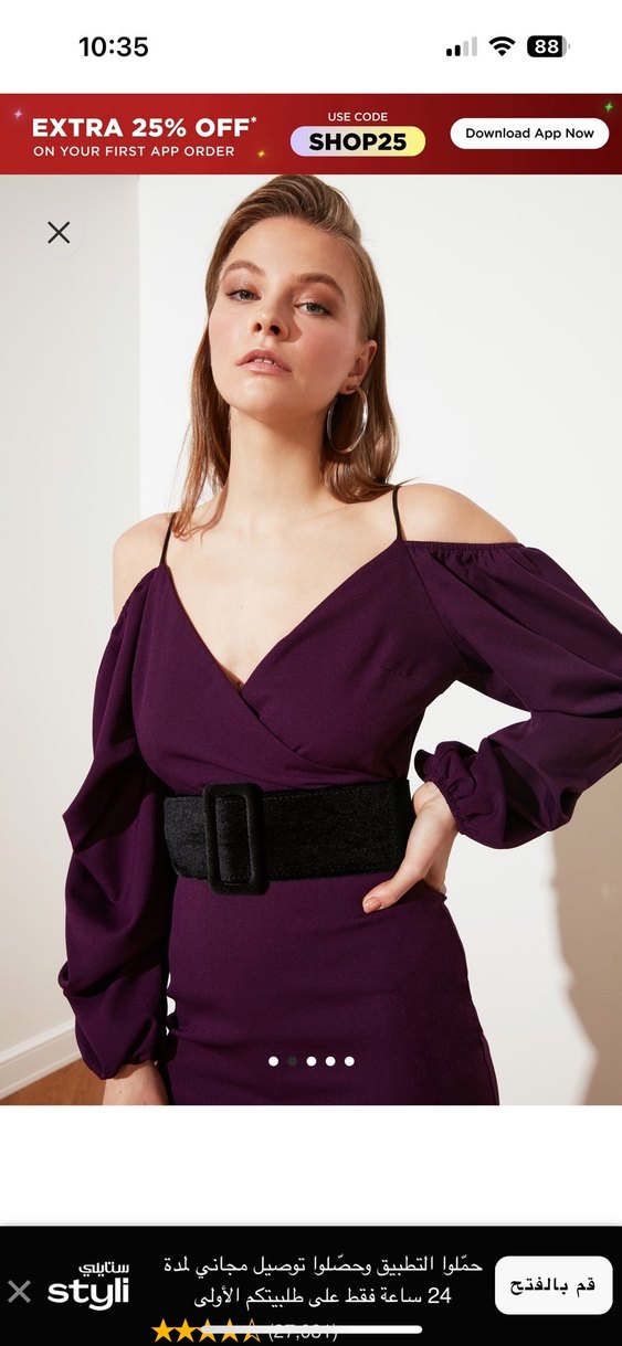 Trendyolmilla elbise Mor Mini V Yaka Kemerli Kadın Elbise - Görsel 2