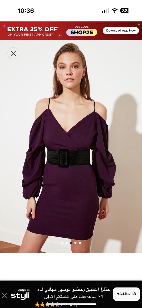 Trendyolmilla elbise Mor Mini V Yaka Kemerli Kadın Elbise - Görsel 3