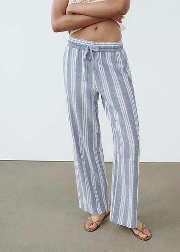 Zara çizgili keten karışımıBej Çizgili Rahat Kesim  Pantolon - Görsel 2