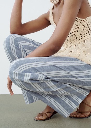 Zara çizgili keten karışımıBej Çizgili Rahat Kesim  Pantolon - Görsel 4