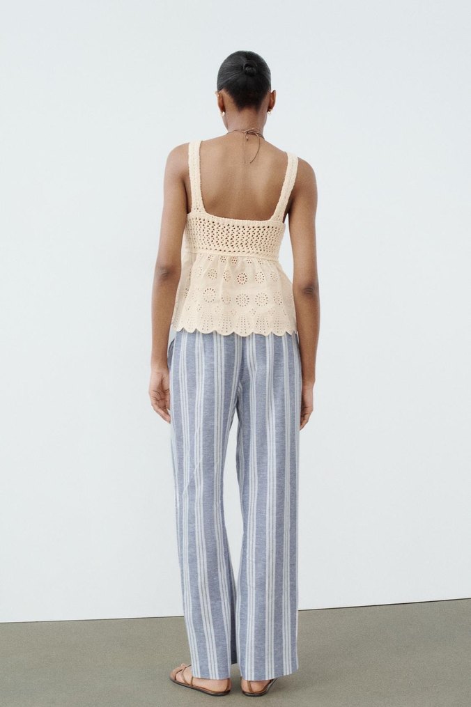 Zara çizgili keten karışımıBej Çizgili Rahat Kesim  Pantolon - Görsel 5