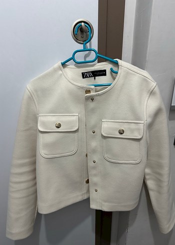 Zara Düğmeli Beyaz Kadın Mini ceket - Görsel 14