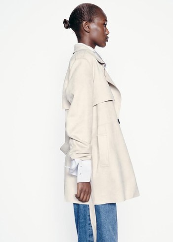 Zara Bej Süet Kemerli Midi Trençkot - Görsel 6